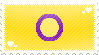 A pixelated stamp of the intersex pride flag. There are small, white diagonal lines going across, and pixel hearts in the top right and bottom left corners.