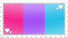 A pixelated stamp of the androgyne pride flag. There are small, white diagonal lines going across, and pixel hearts in the top right and bottom left corners.
